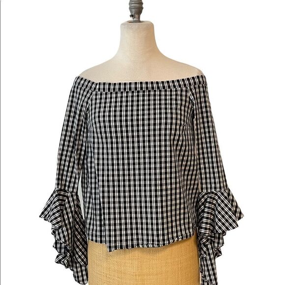 1 State Off The Shoulder Gingham Plaid Top Small - Picture 2 of 6